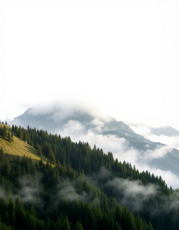 Mountain landscape with fog and coniferous forest on the slopes