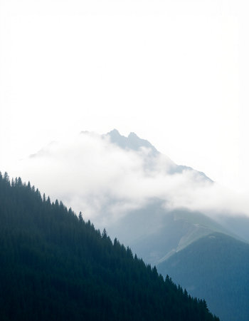 Mountain landscape with fog and clouds. Caucasus Mountains, Georgia.