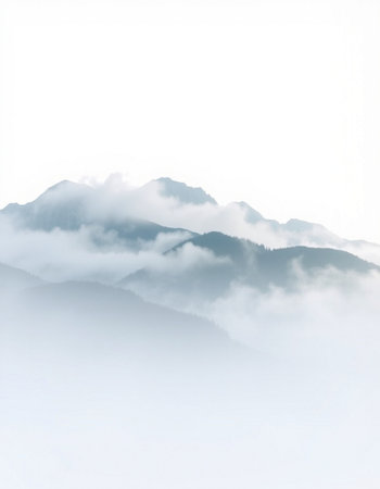 Mountain landscape in the morning mist with fog and clouds in the background