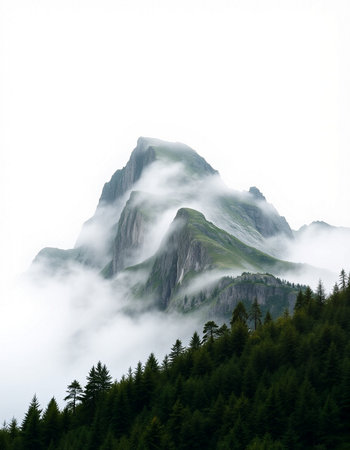Mountain landscape with clouds and fog on top of the mountain.