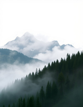 Mountain landscape with coniferous forest in the fog at sunrise