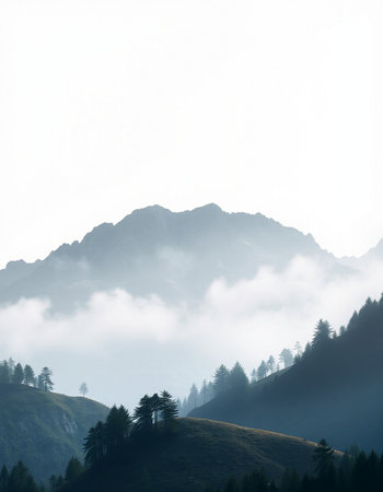 Foggy morning in the mountains. Beautiful landscape in the mountains.