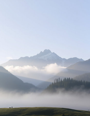 Foggy morning in the Dolomites mountains, Italy.