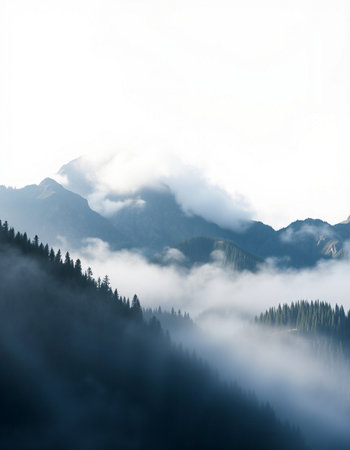 Mountain landscape with fog and clouds in the morning. Caucasus, Russia
