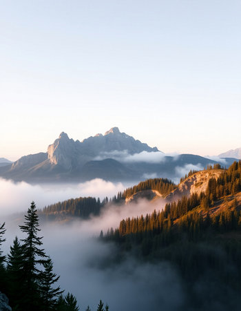 Mountain landscape with fog in the morning, Dolomites, Italy
