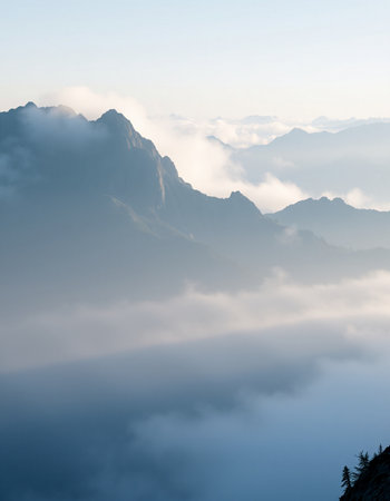 Mountain landscape in the clouds. View from the top of the mountain.