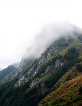 Mountain landscape with fog and clouds in the italian alps