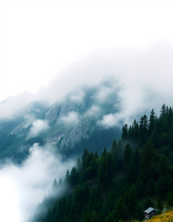 Foggy morning in the mountains. Caucasus, Abkhazia