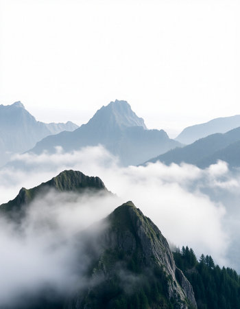 Mountain landscape with fog and clouds in the italian alpsの写真素材