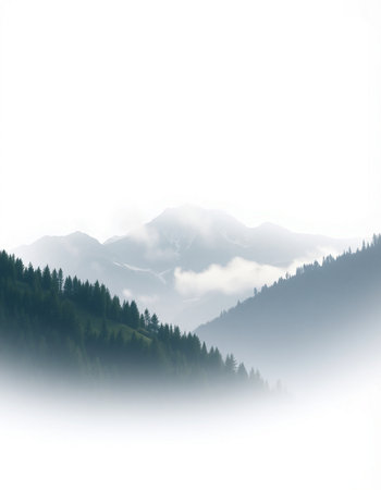 Mountain landscape with fog and forest on a white background. Vector illustration.