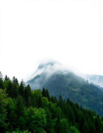 Mountain landscape with forest and fog on the top of the mountain