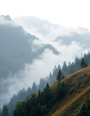 Foggy morning in the mountains. Carpathians, Ukraine