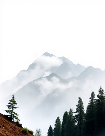 Mountain landscape with fog and pine trees, Himalayas, Nepal