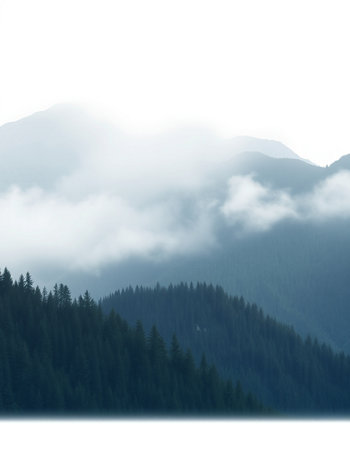 Mountain landscape with coniferous forest in the morning mist.
