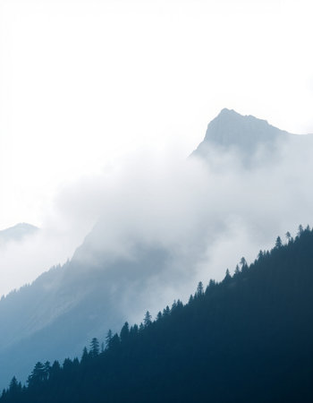 Mountain landscape with coniferous forest on a foggy day