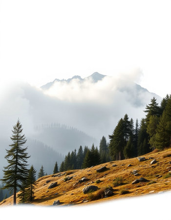 Foggy mountain landscape with coniferous forest in the foreground