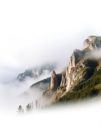 Mountain landscape with fog and clouds. Dolomites, Italy