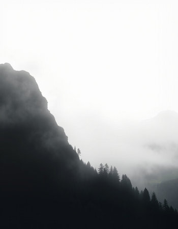 Mountain landscape with fog in the morning. Black and white photo.の写真素材