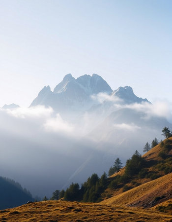 Mountain landscape with fog in the morning.