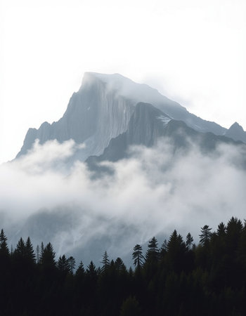 Mountain landscape with clouds and fog, Dolomites, Italyの写真素材
