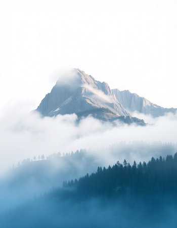 Foggy mountain landscape with coniferous forest in the foregroundの写真素材