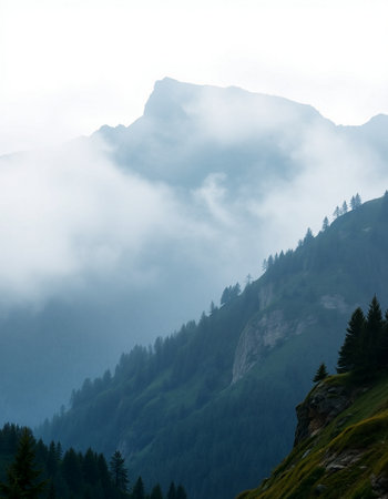 Foggy mountain landscape in the Dolomites, Italy.