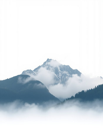 Mountain landscape with clouds and fog on a misty morning.