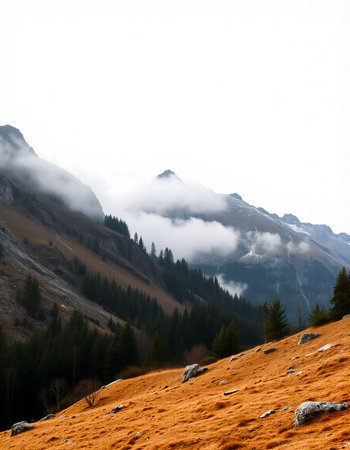 Autumn mountain landscape with fog in Dolomites, Italy.