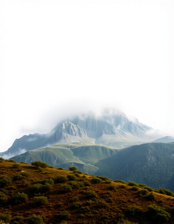 Mountain landscape with fog in the morning. Caucasus, Russia.