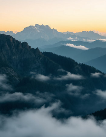 Mountain landscape with fog and clouds at sunset. Dolomites, Italy