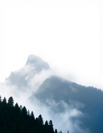 Beautiful mountain landscape with fog and pine trees in the foreground.