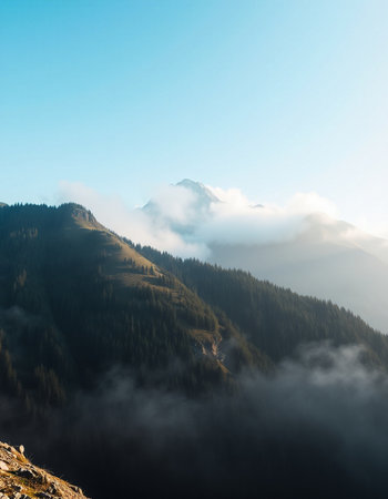 Mountain landscape with fog in the morning. Caucasus Mountains, Georgia.