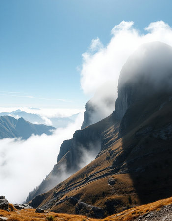 Mountain landscape with fog and clouds.の写真素材