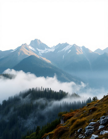 Mountain landscape. Foggy morning in the mountains.の写真素材