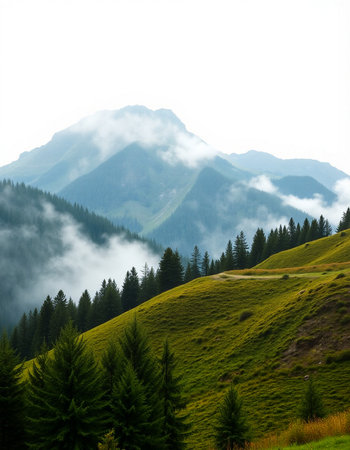 Mountain landscape with coniferous forest and fog in the morningの写真素材