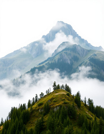 Foggy mountain landscape with coniferous forest in the foregroundの写真素材