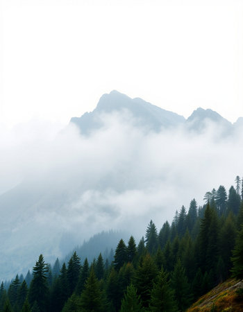 Mountain landscape with coniferous forest on a foggy day