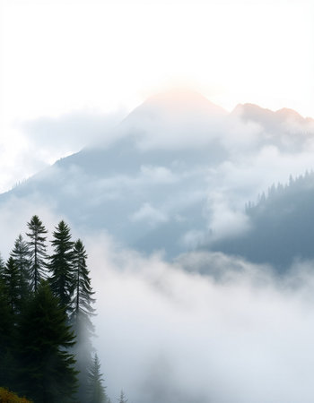 Beautiful mountain landscape with fog and pine trees in the mountains.の写真素材