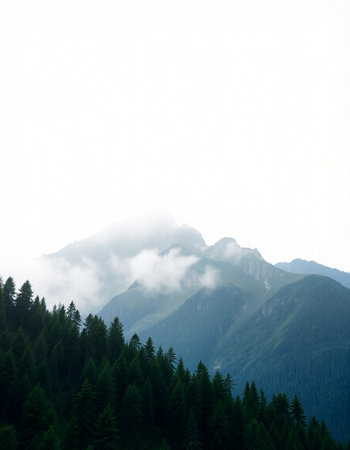 Mountain landscape with fog and coniferous forest in the foregroundの写真素材
