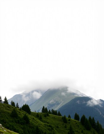 Mountain landscape with green grass and blue sky with white clouds.
