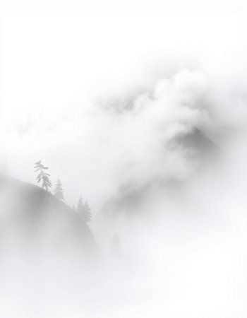 Foggy mountain landscape with trees in the foreground and mountains in the backgroundの写真素材