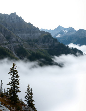 Mountain landscape with coniferous forest and fog in the foreground