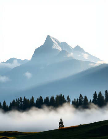 Mountain landscape with fog in the morningの写真素材