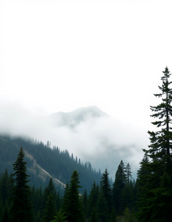Mountain landscape with fog and spruce trees in the foreground.