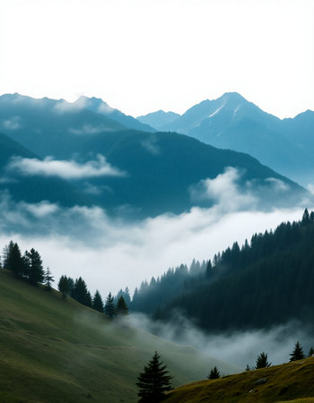 Foggy mountain landscape with coniferous forest in the foregroundの写真素材