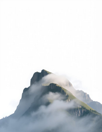 Mountain landscape with fog and clouds. Caucasus Mountains, Georgia.