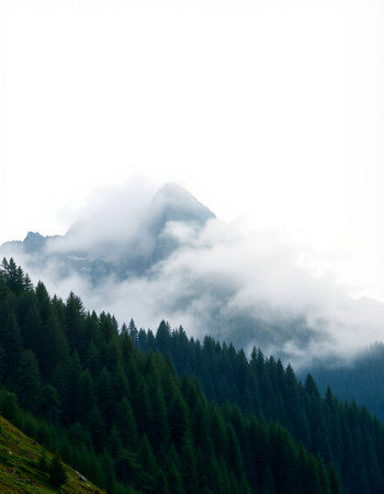 Foggy mountain landscape with pine trees on the slopes of the mountains