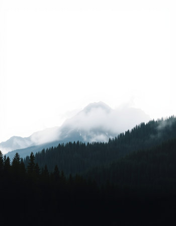Silhouette of coniferous forest in the mountains with fog