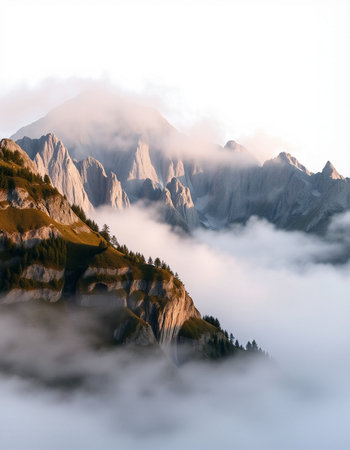 Mountains in clouds at sunrise.