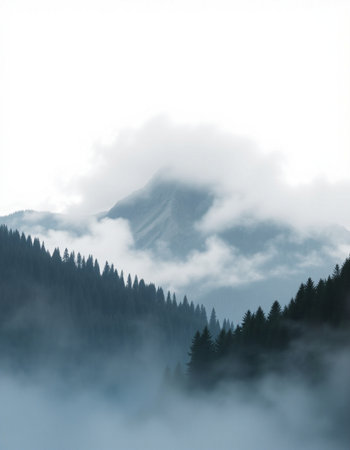 Mountain landscape with fog and coniferous forest in the foregroundの写真素材
